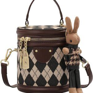 Rhomboid Patterned Faux Leather Crossbody Bag with Bunny Pendant for Women